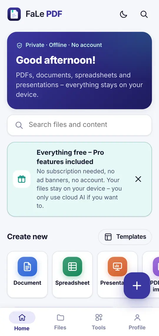 FaLe PDF home screen with the note “Everything free – Pro features included”