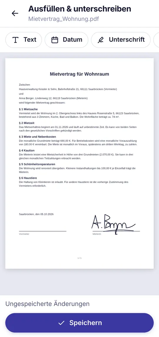 Mietvertrag mit eingefügter Unterschrift in FaLe PDF
