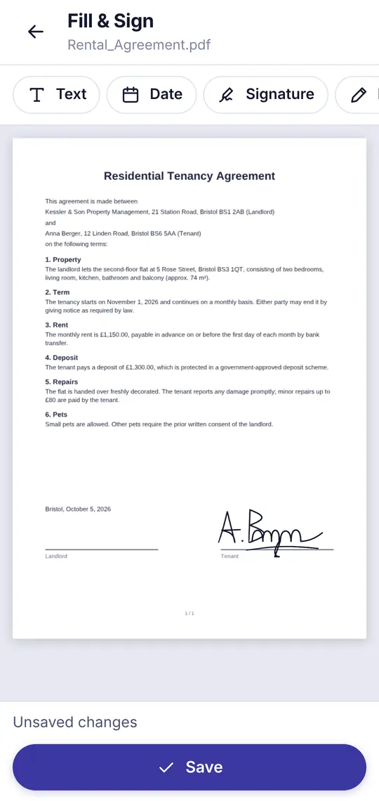 Tenancy agreement with a placed signature in FaLe PDF